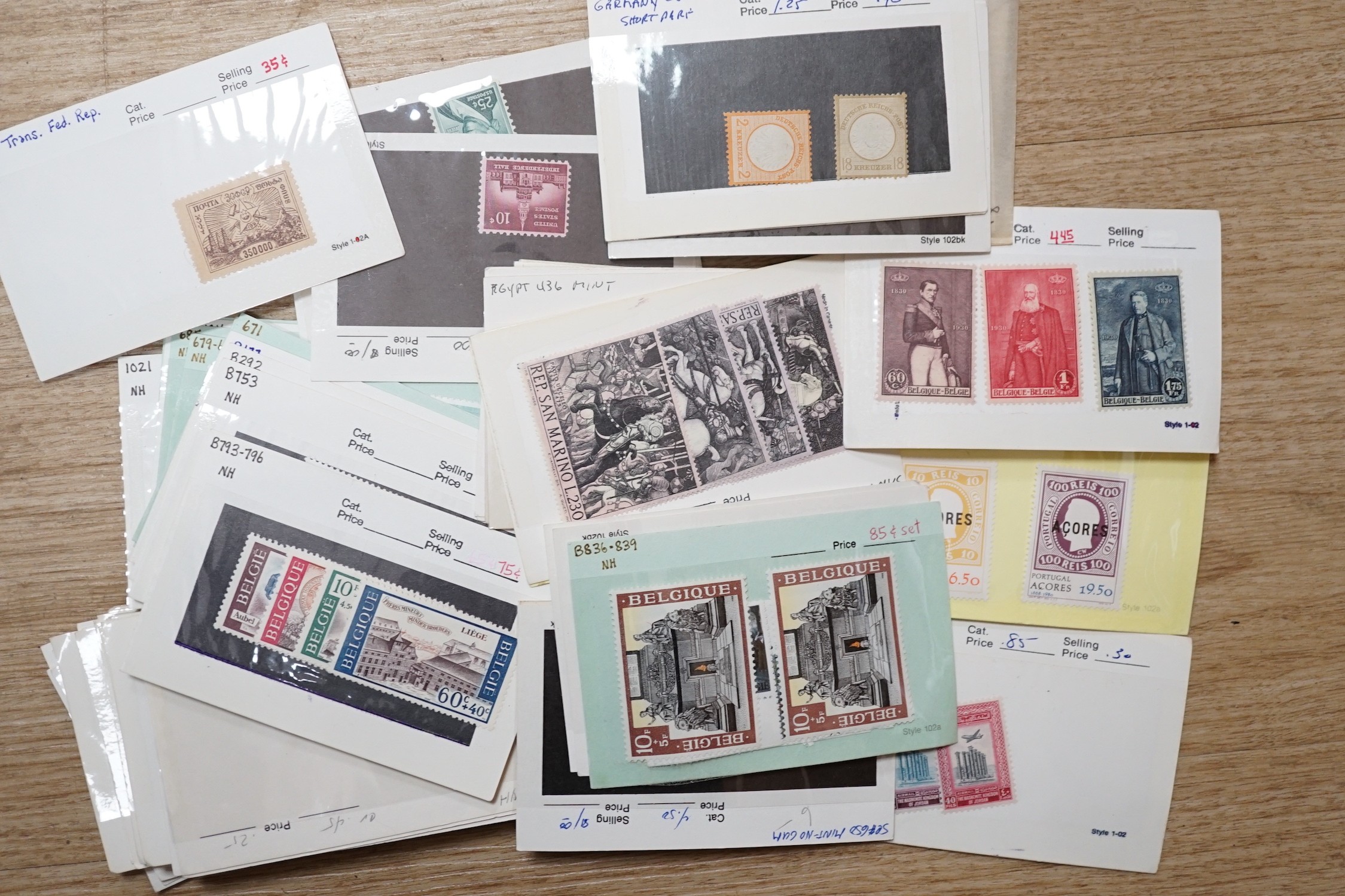 Box of World stamps in four albums and stock book, auction folders, with France, Germany, USA, Scandinavia